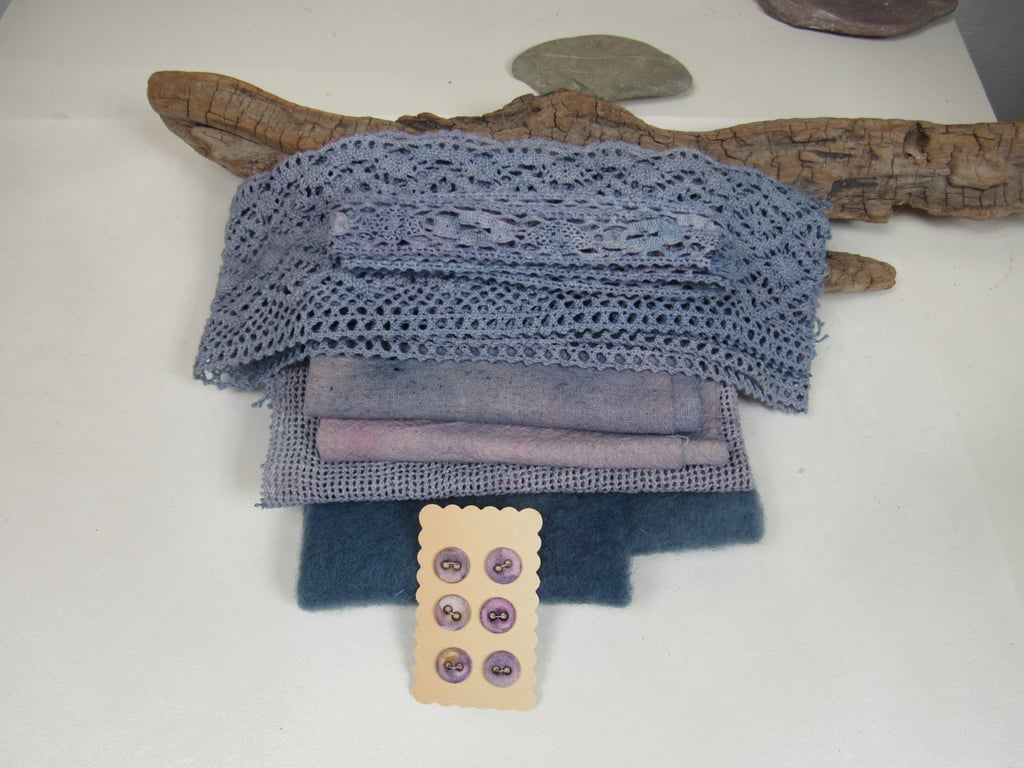 Pale Cochineal Indigo Purple Natural Dye Fabric Pack Cotton Silk Lace