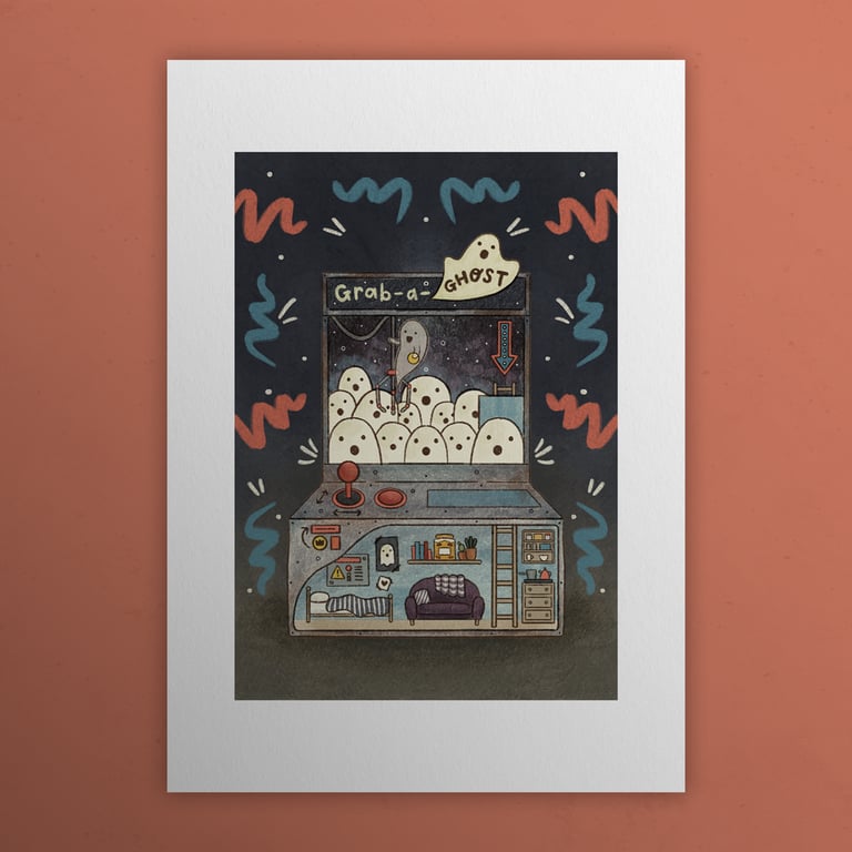 Grab-a-ghost arcade, Ghosts of Summer, 90s nostalgia, A4 art print