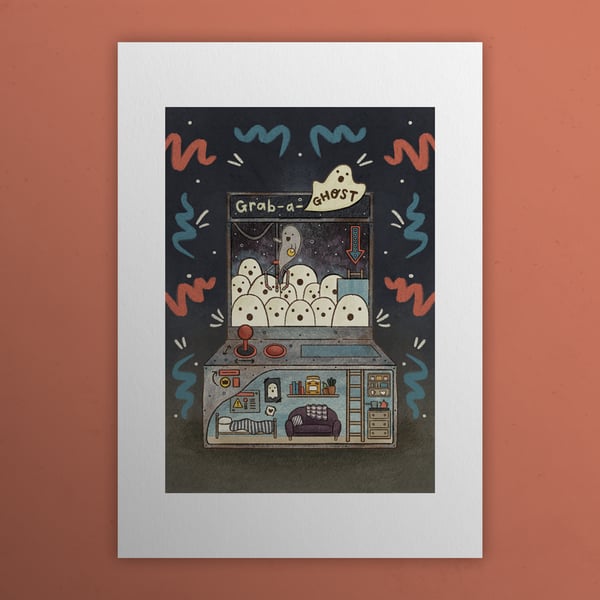 Grab-a-ghost arcade, Ghosts of Summer, 90s nostalgia, A4 art print