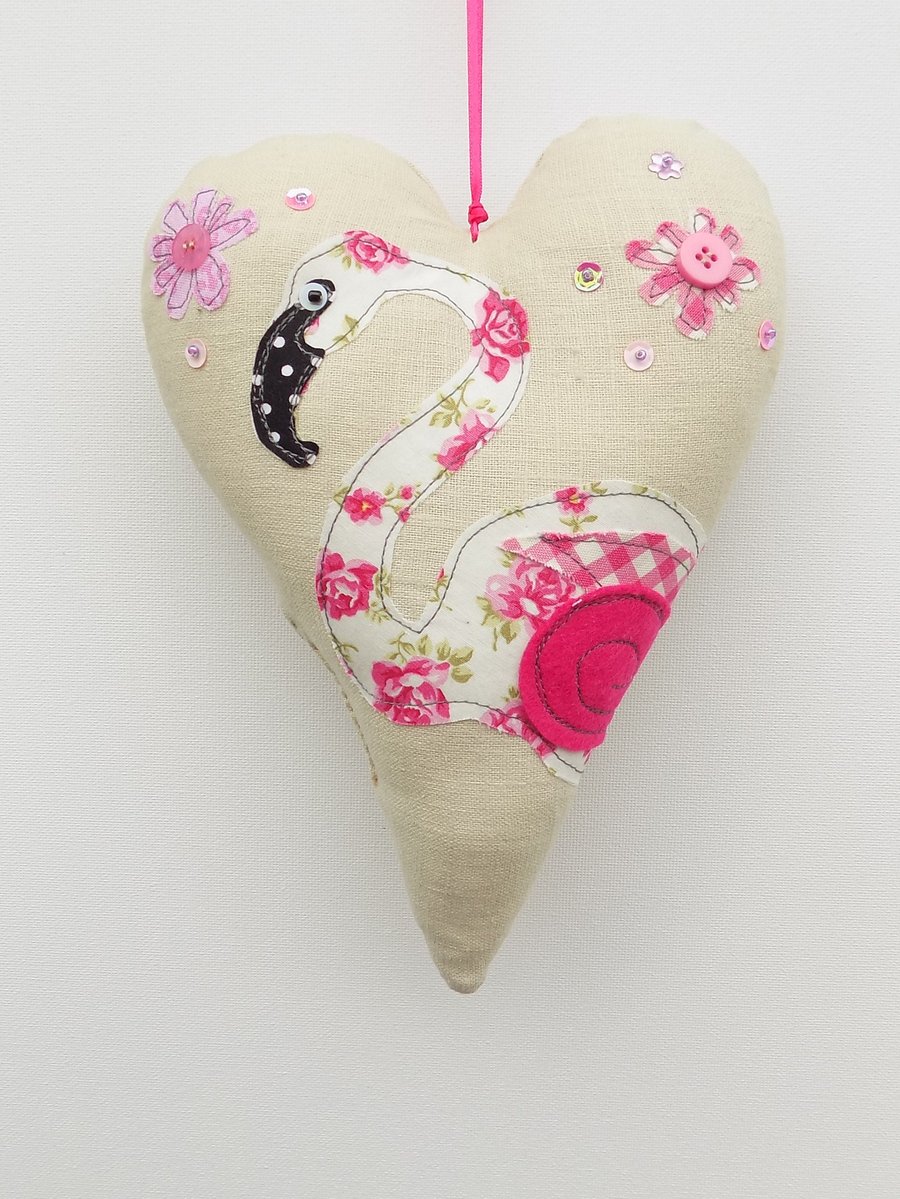 Quirky Bird Applique FLAMINGO HANGING HEART  Unique Handmade Gift