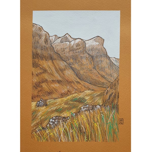 Three Sisters of Glencoe Original artwork, Scottish landscape drawing