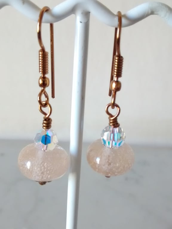 PEACH AND BRONZE LAMPWORK DANGLE EARRINGS - - FREE UK POSTAGE