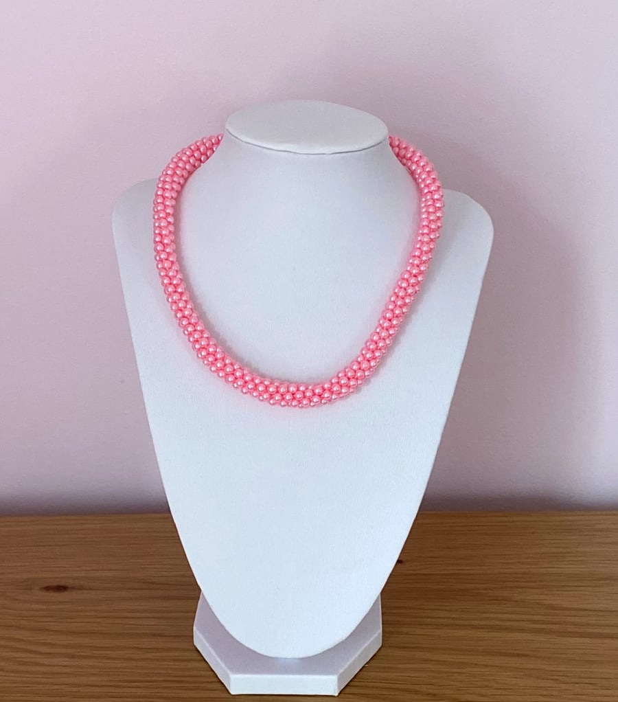 Handmade Woven Pink Pearl Choker Necklace