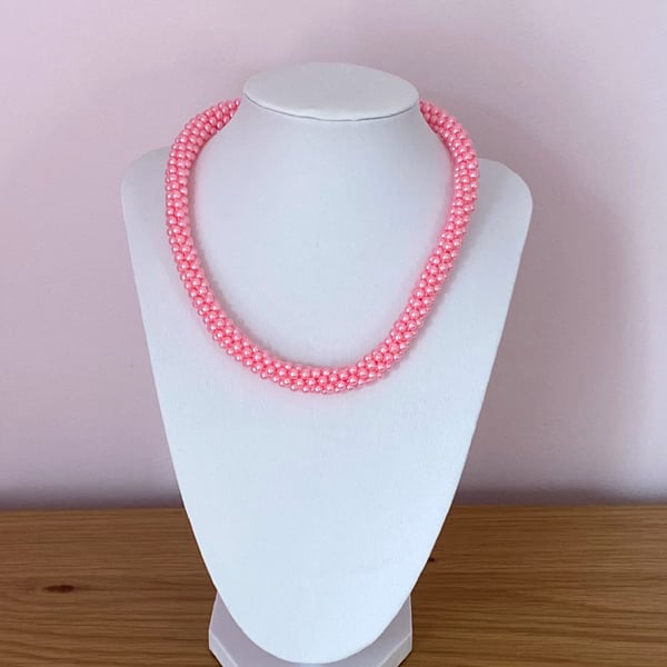 Handmade Woven Pink Pearl Choker Necklace