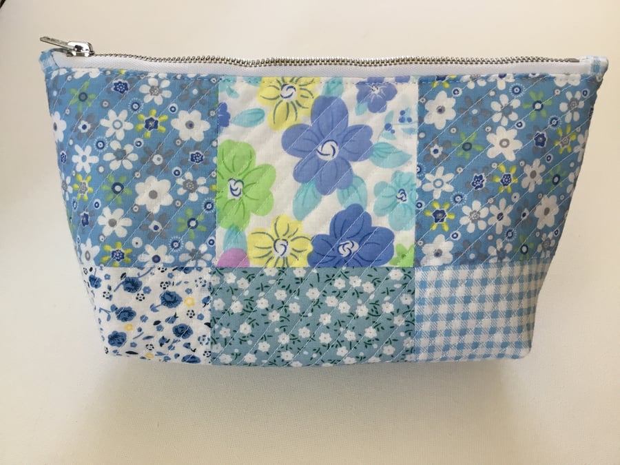 Blue Quilted Make Up Bag with Waterproof Lining