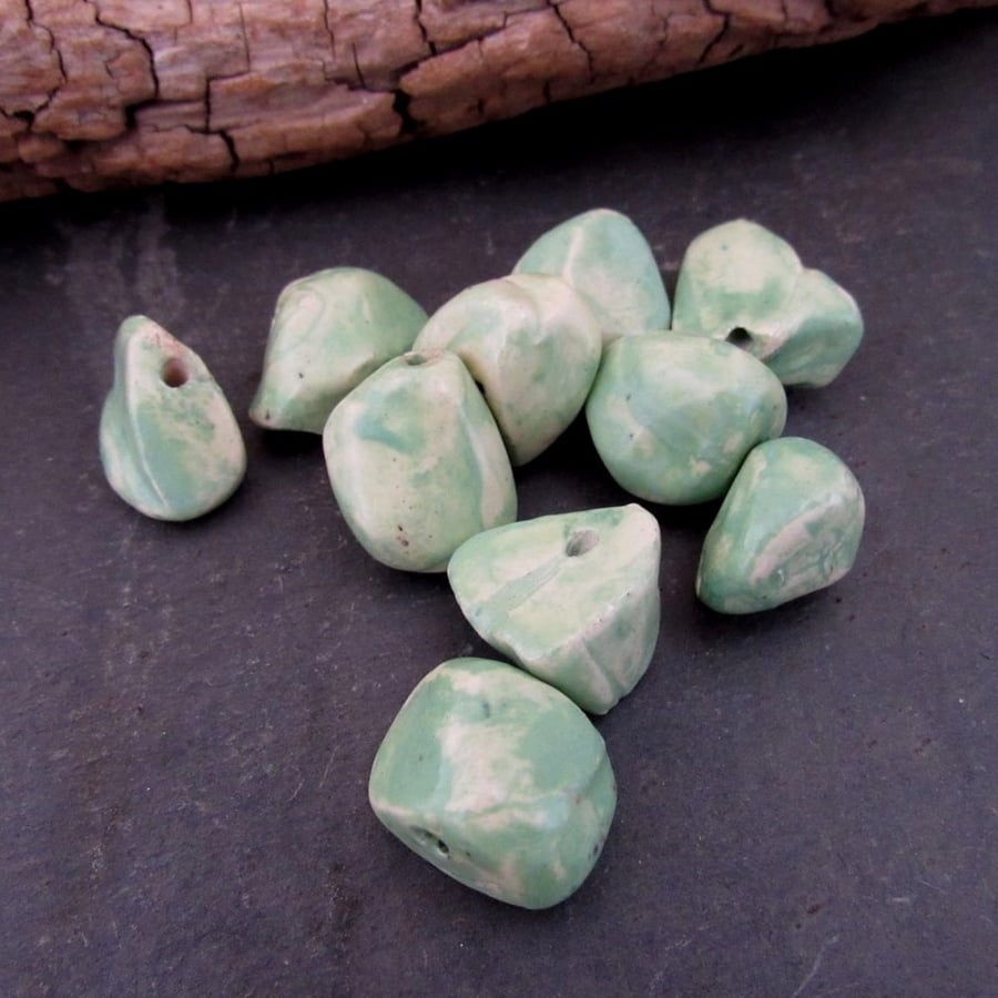 10 Small Pale Green Glazed Nugget Pebble Clay Beads