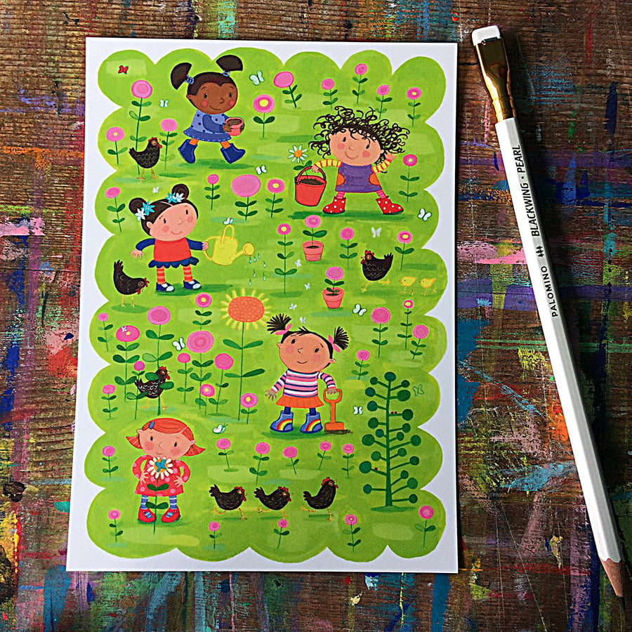 Gardening Girls mini art print by Jo Brown, nursery decor fun illustration