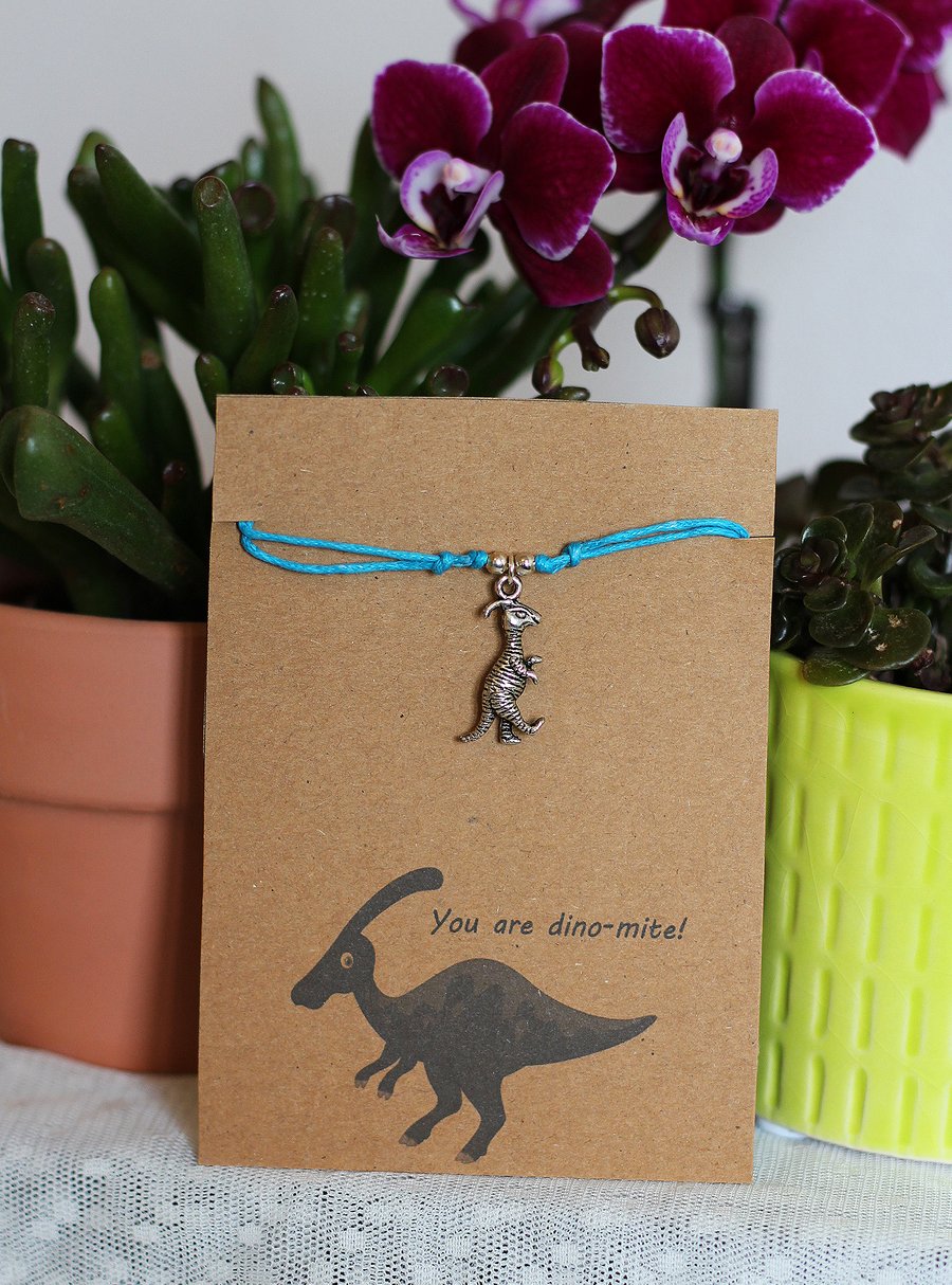 Handmade adjustable cord bracelet with Tibetan silver parasaurolophus charm