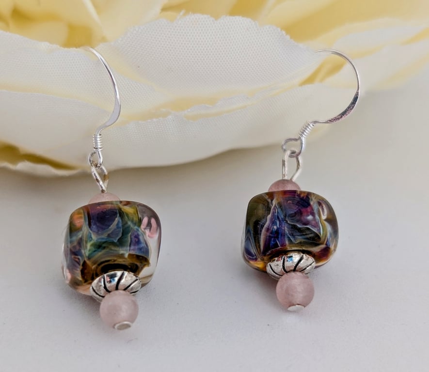 Glass Lampwork Sterling Silver Earrings: Soft Mauve and Green