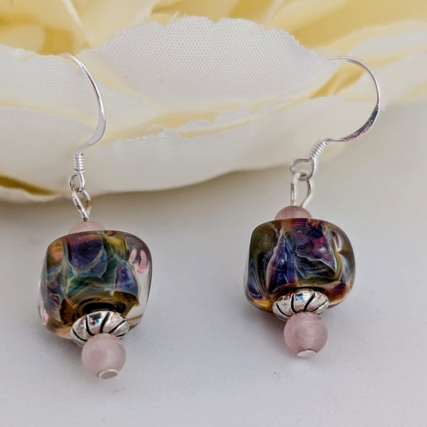 Glass Lampwork Sterling Silver Earrings: Soft Mauve and Green