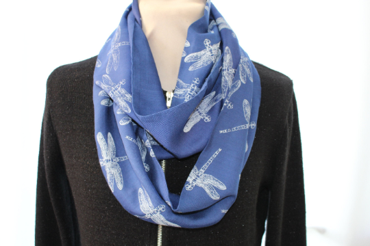 Dragonfly scarf,blue and white dragonfly, hand printed,winter cotton scarf, gift