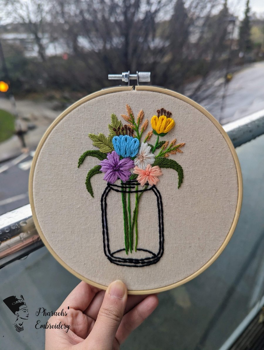 Handmade flower jar embroidery hoop art