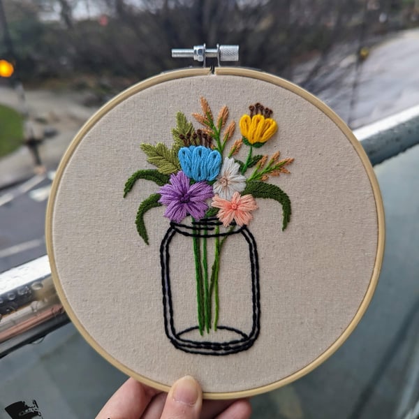 Handmade flower jar embroidery hoop art