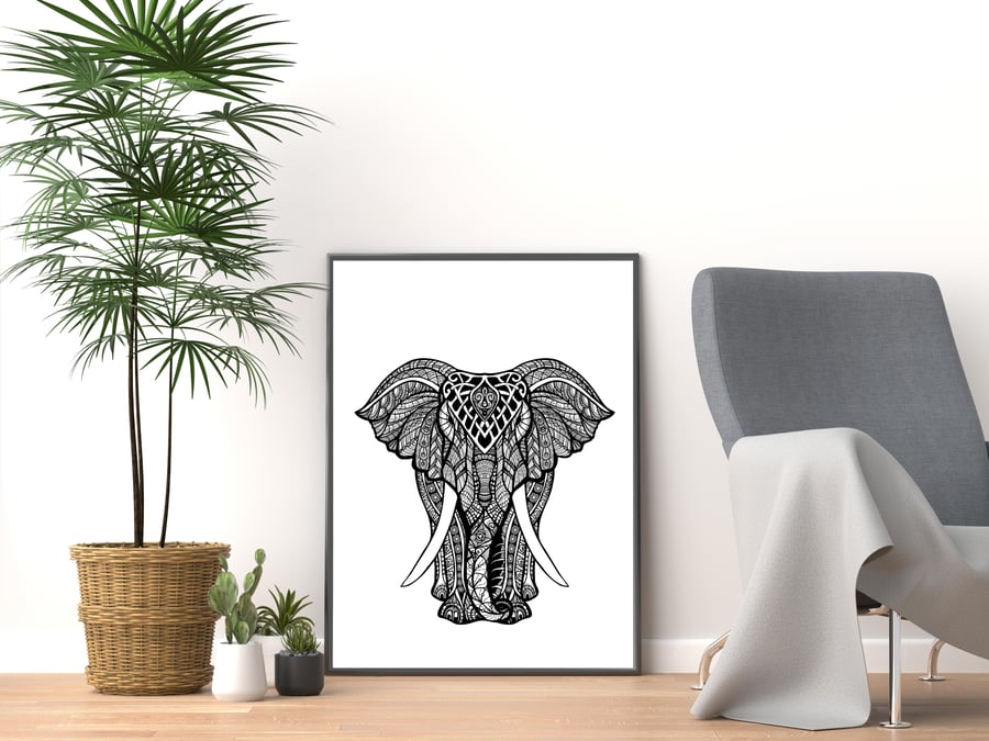 Elephant print, black and white mandala elephant wall art, elephant gift