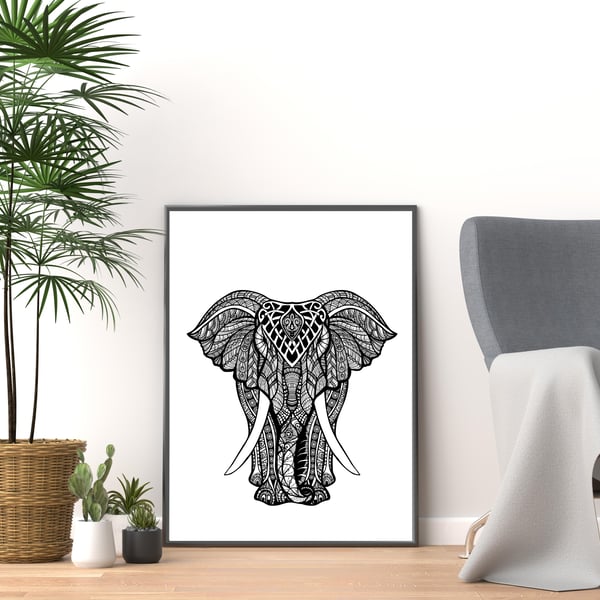 Elephant print, black and white mandala elephant wall art, elephant gift