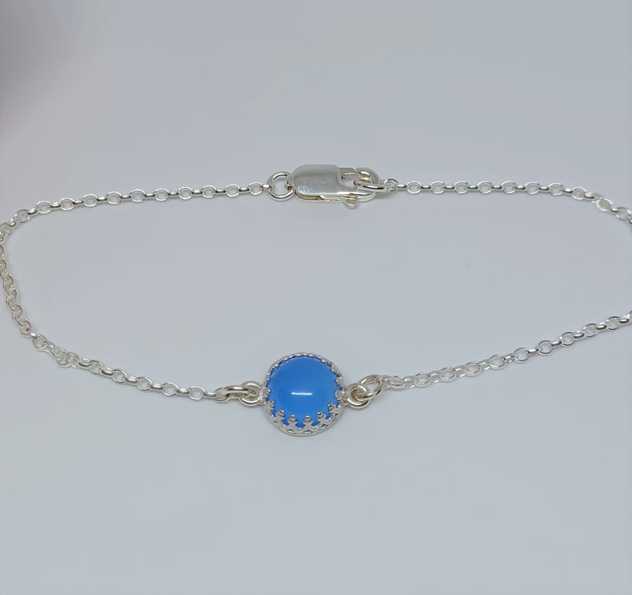 Blue Chalcedony Sterling Silver Gemstone Bracelet, Chalcedony Cabochon Bracelet,