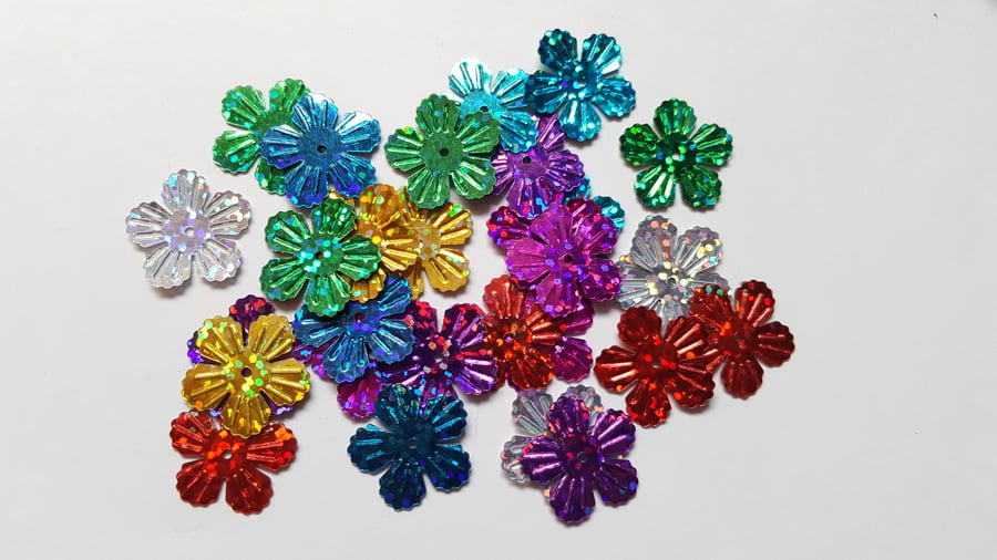 30 x Craft Sequins - Holographic - 5-Petal Flower - 19mm - Mixed Colour 