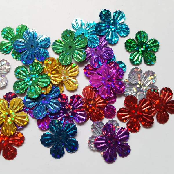 30 x Craft Sequins - Holographic - 5-Petal Flower - 19mm - Mixed Colour 