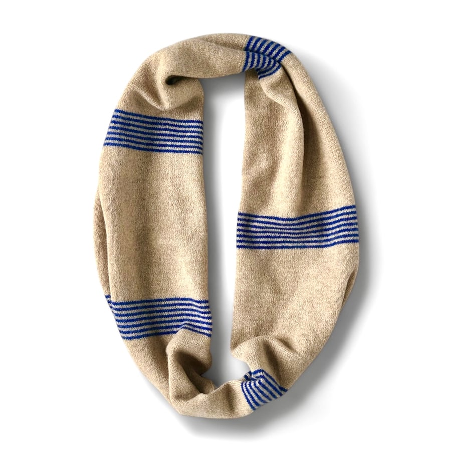 Soft caramel Infinity Scarf with Electric Blue ticking stripe