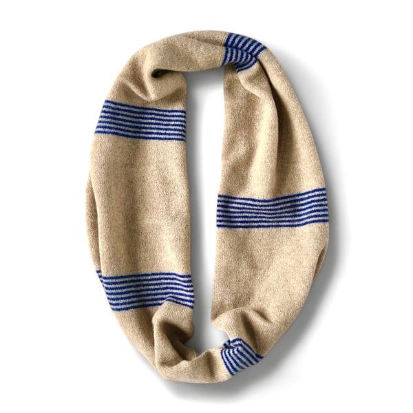 Soft caramel Infinity Scarf with Electric Blue ticking stripe