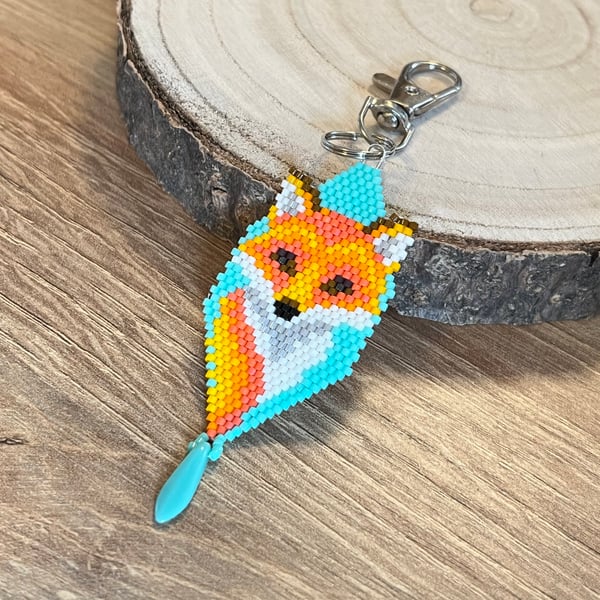 Beadwork fox bag or key charm in bright orange and turquoise colours