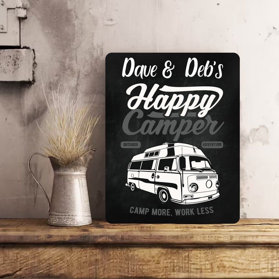 PERSONALISED Retro Vintage Happy Camper Van Metal Wall Sign Gift Present Chalkbo