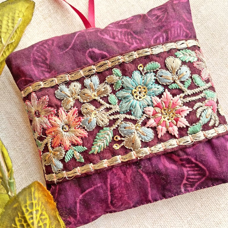 A pretty handmade lavender bag with embroidered floral trim, scented gift, 
