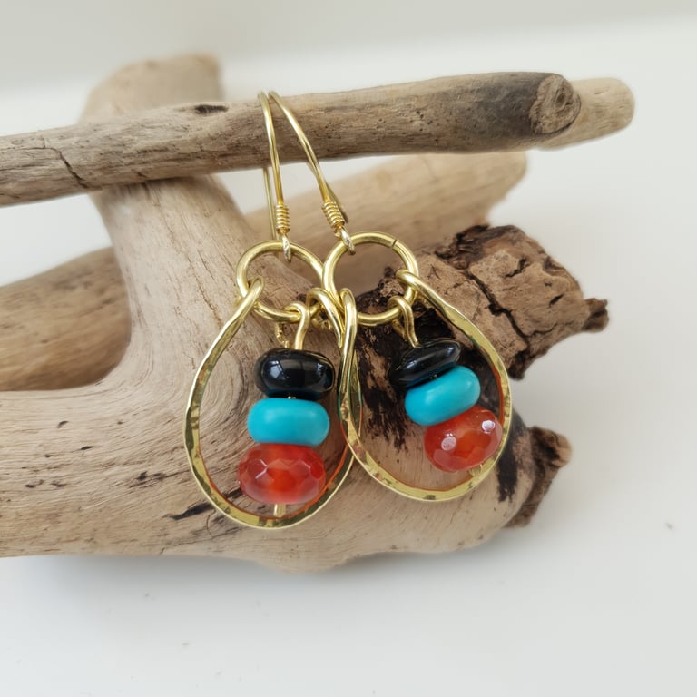 Boho Textured Brass Drop Earrings With Gemstone Dangle Gold Coloured Earrings