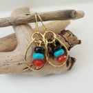 Boho Textured Brass Drop Earrings With Gemstone Dangle Gold Coloured Earrings