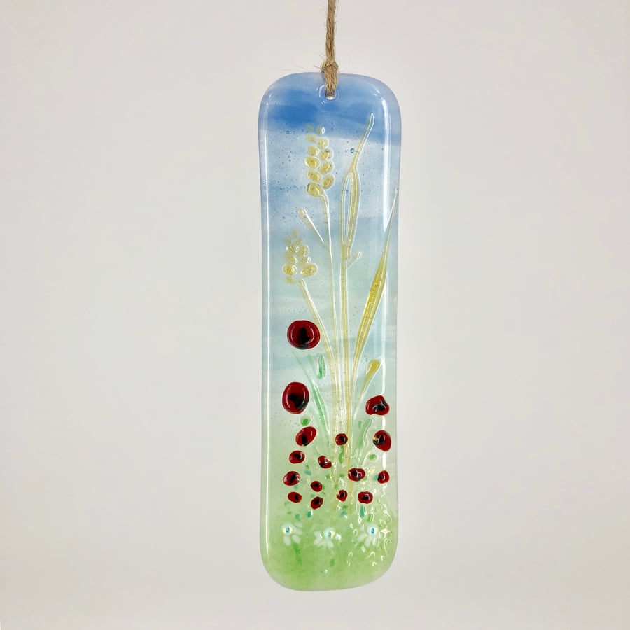 Fused Glass Light Catcher - Poppies & Daisies Meadow Design 