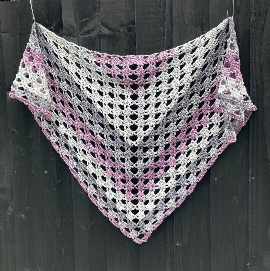 Hand crafted Triangular Shawl in Greys and Purples