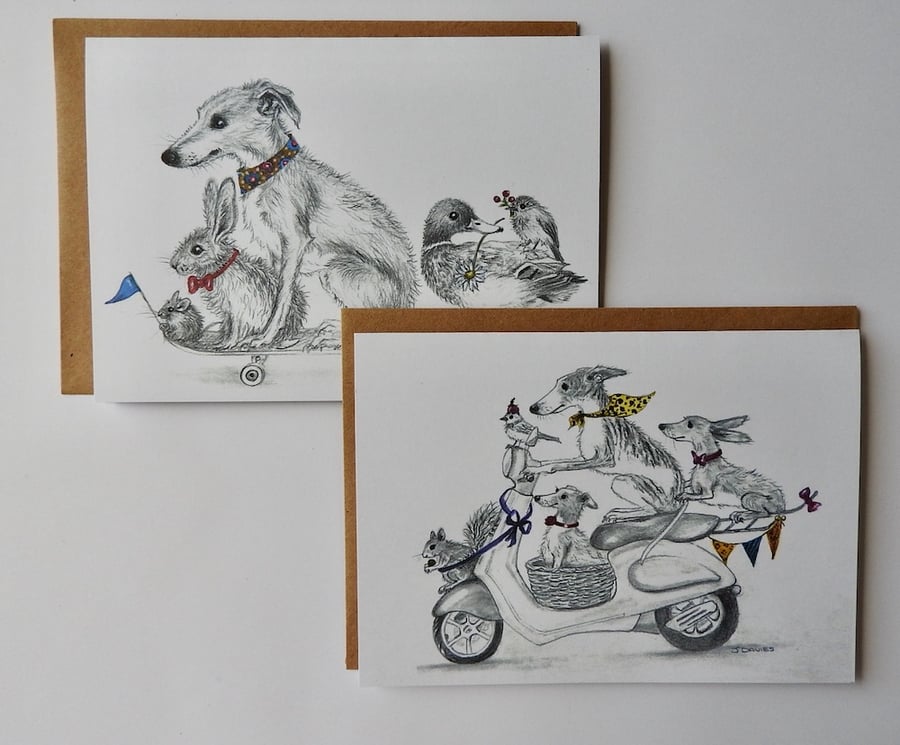 Pack of 2 Greeting Cards - whippets & companions