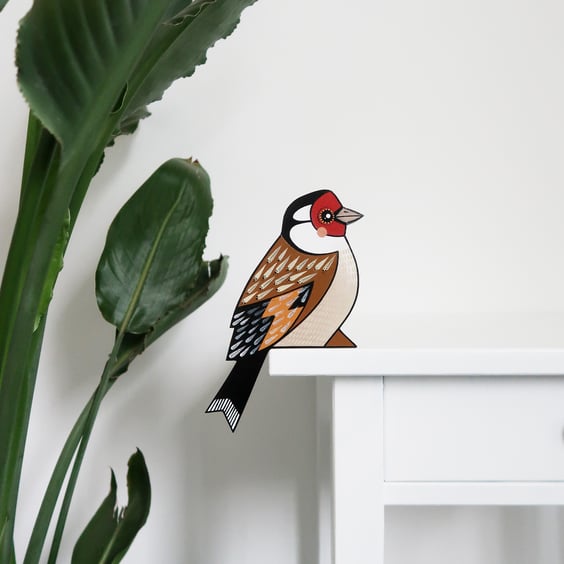 Gold finch door decoration, bird art to sit on a door frame.