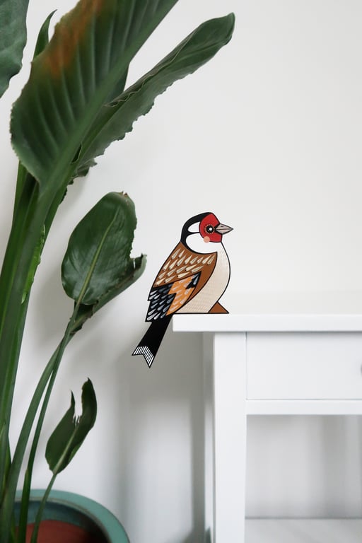 Gold finch door decoration, bird art to sit on a door frame.