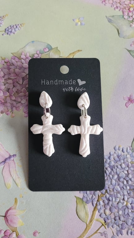 Handmade Polymer Clay White Cross Glitter Earrings. 316 Stainless Steel