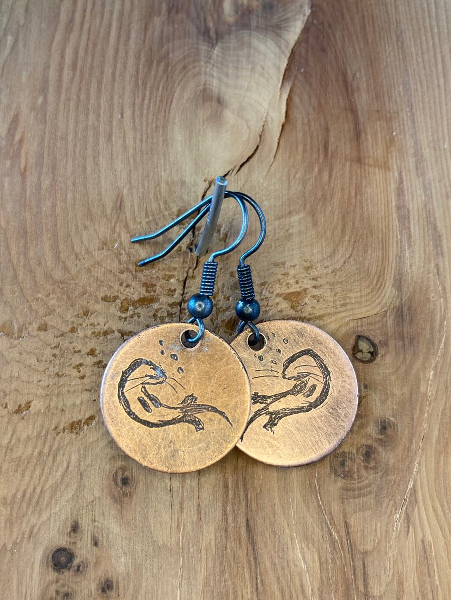 Otter - Handmade Etched Copper Earrings SMALL