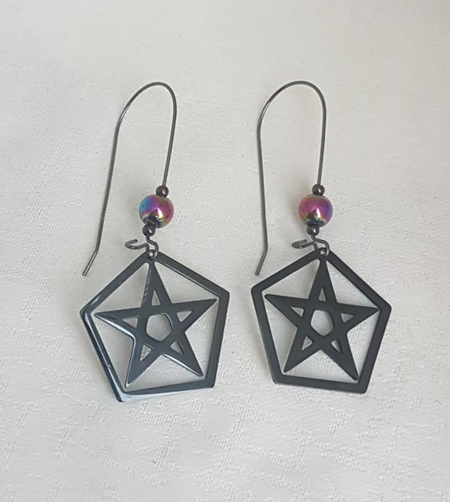 Dangly Pentagon Pentacle Earrings with Rainbow Haematite Beads.