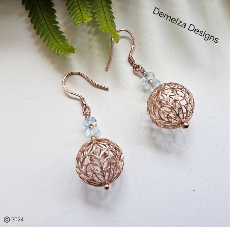 Designer Blue Topaz & Rose Gold Vermeil Filigree Ball Drop Earrings One Off