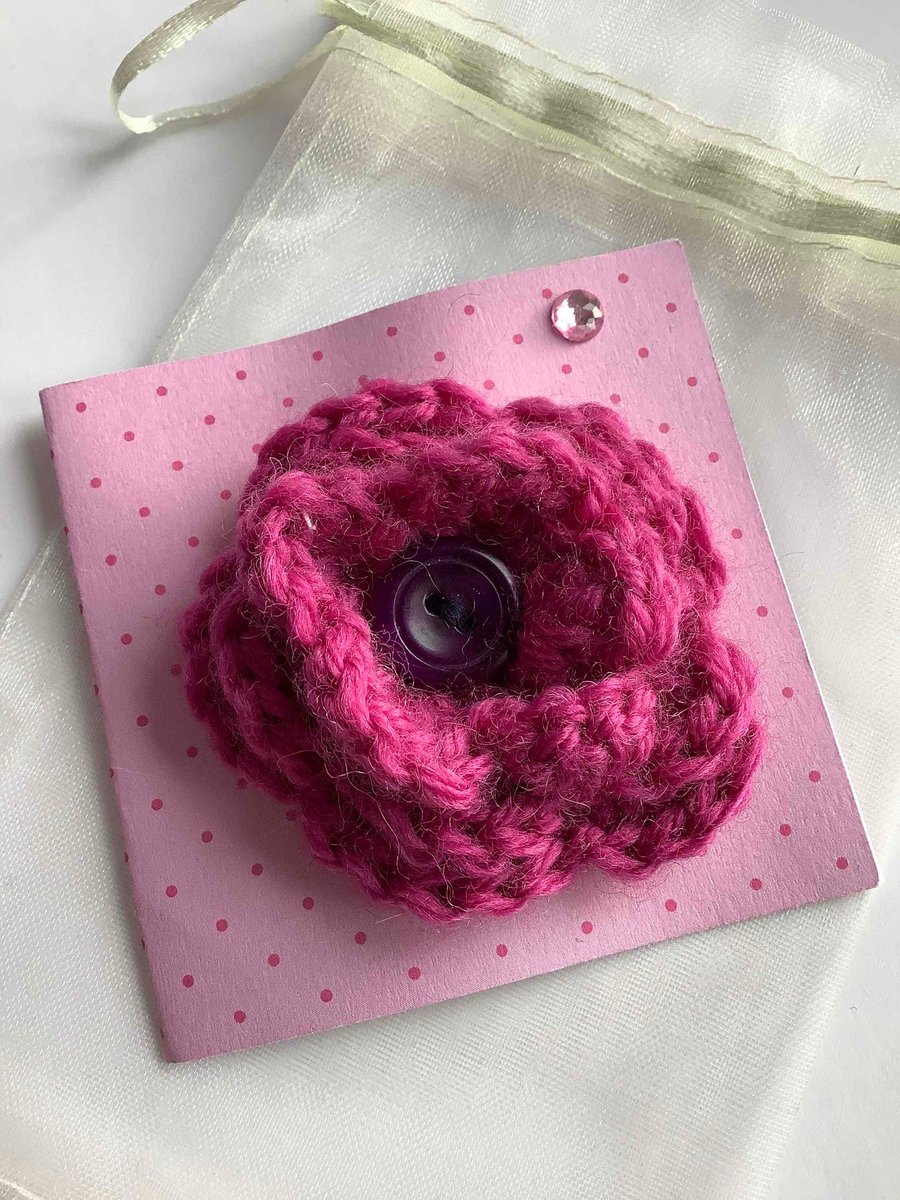 Deepest pink crochet brooch