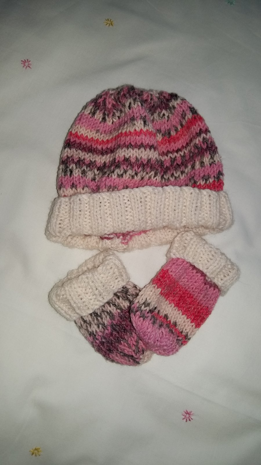 Hand Knitted Pink and Cream Hat and Mittens Set