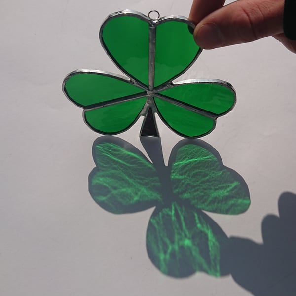 Stained glass Irish shamrock green copperfoil suncatcher hanging decoration. 