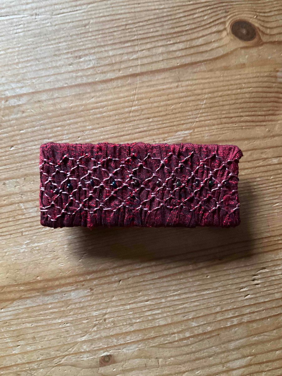Hand Smocked and Beaded Deep Red Silk Hair Clip