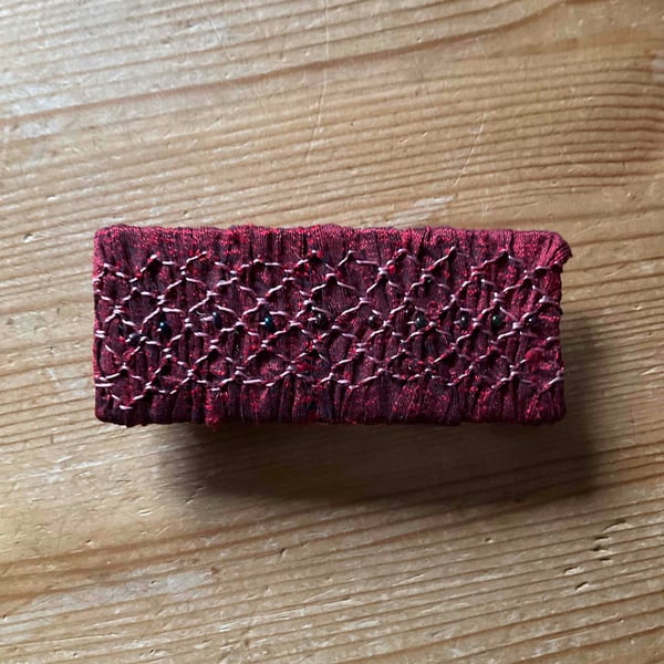 Hand Smocked and Beaded Deep Red Silk Hair Clip