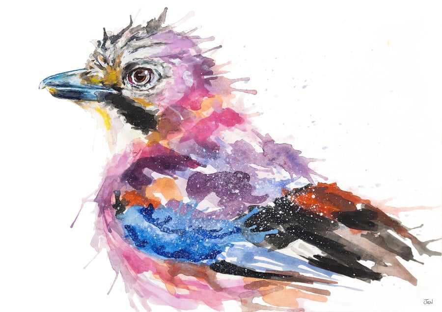 Jay watercolour print, bird painting, abstract wall art