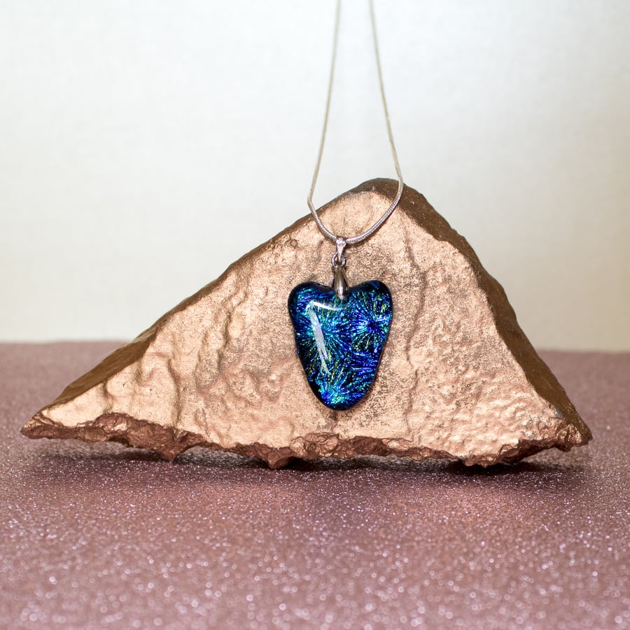 Blue Dichroic Glass Pendant Necklace