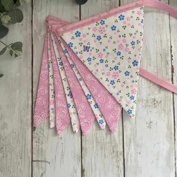 Handmade Fabric Bunting 8 Flags in Pastel Pink Florals Design