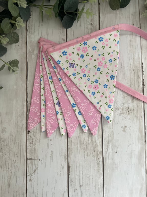 Handmade Fabric Bunting 8 Flags in Pastel Pink Florals Design