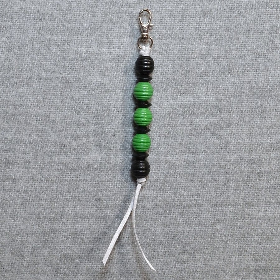 Bag Charm – Black and Green Wood Beads on Grey Suede Cord