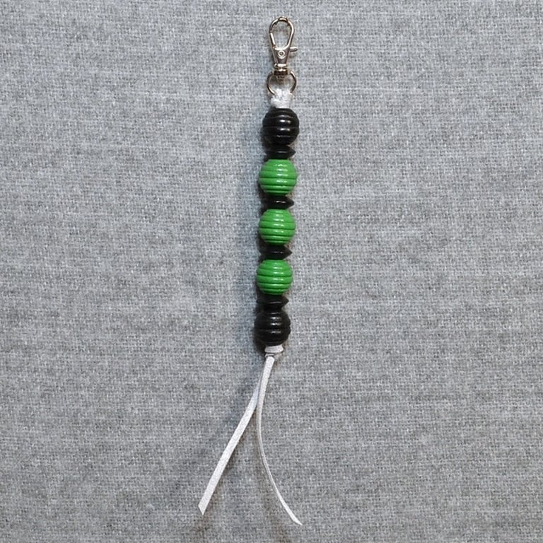 Bag Charm – Black and Green Wood Beads on Grey Suede Cord
