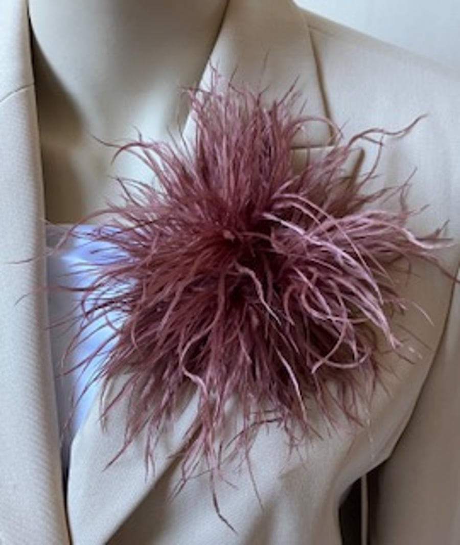 Rosy Brown Ostrich Feather Style Brooch - Corsage Lapel Pin - Med Size